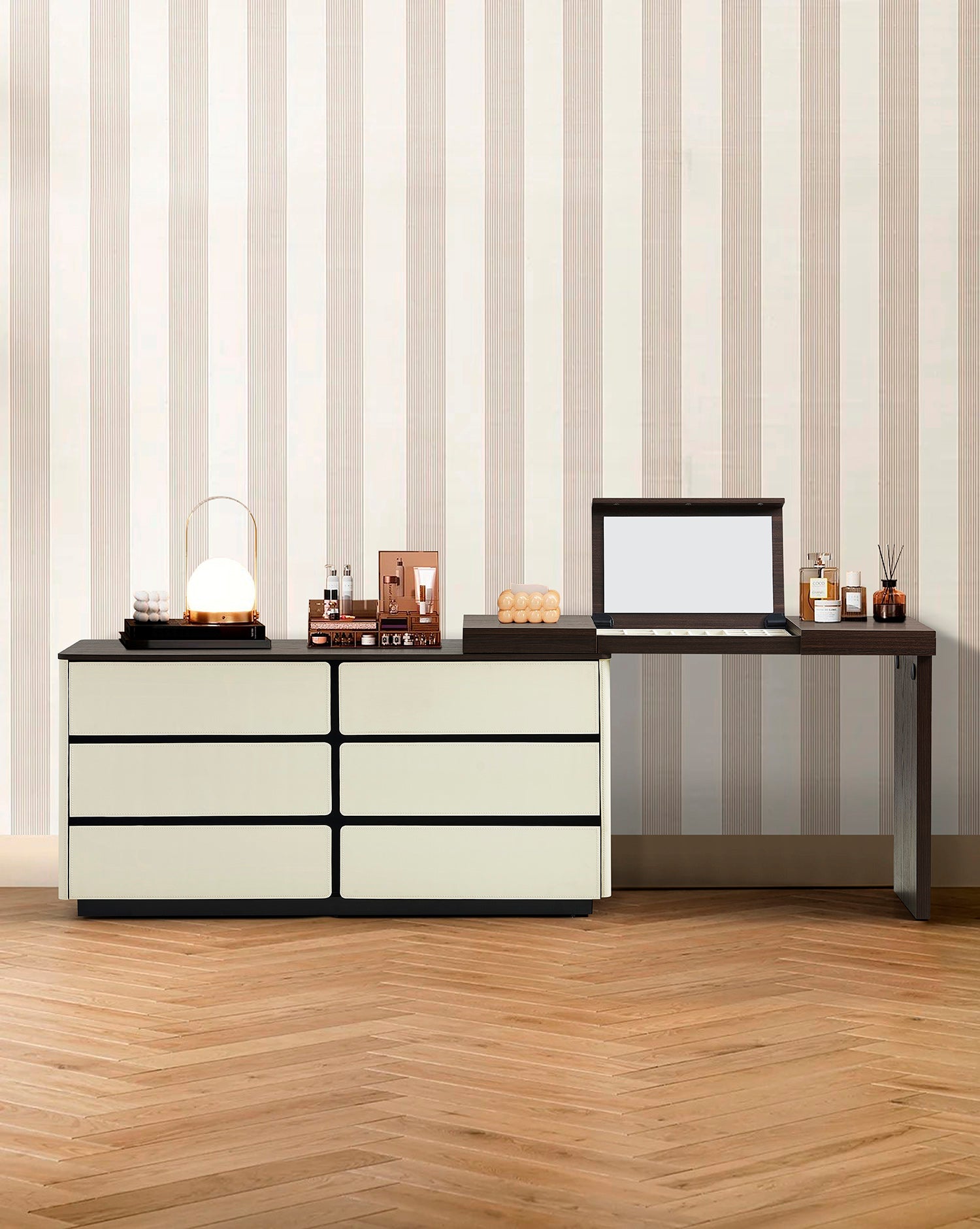 Modern Dressing Table with Storage, Saddle Belt Mirror & Versatile Placement (Straight/L-Shape)