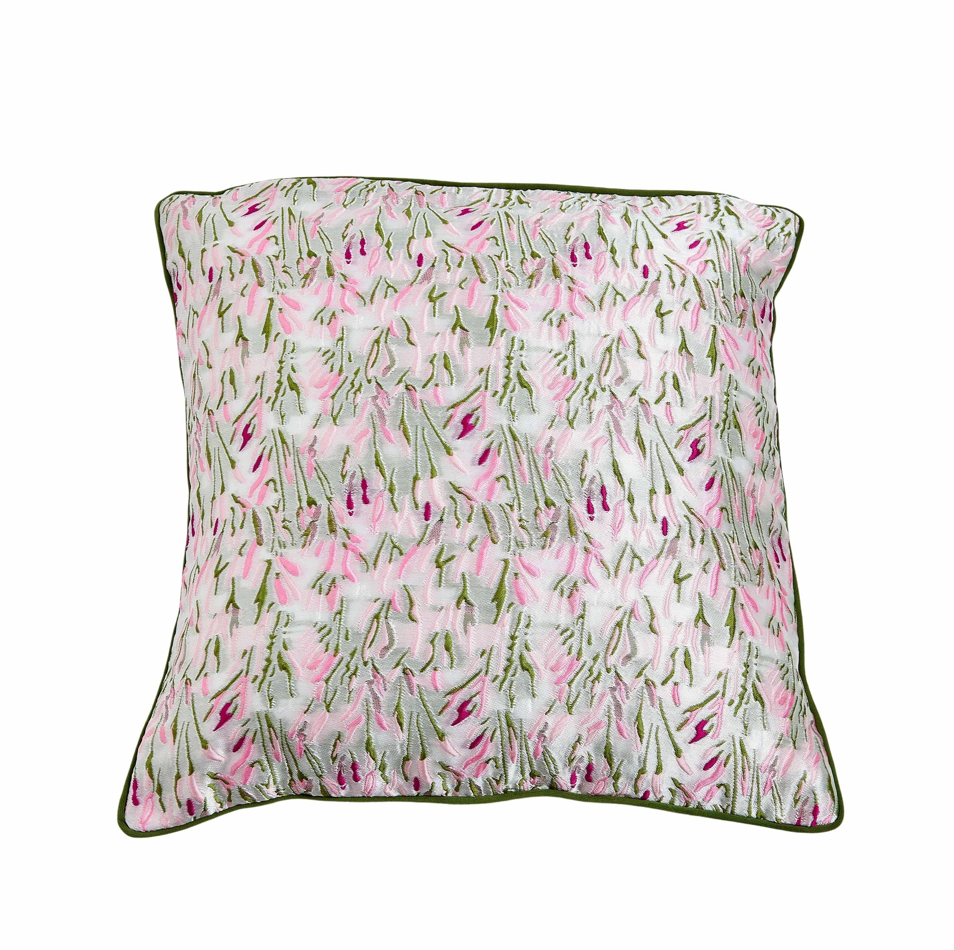 Double-Sided Jacquard Silk-Like Fabric Square Decorative Pillow with Pink Tulip Embossing