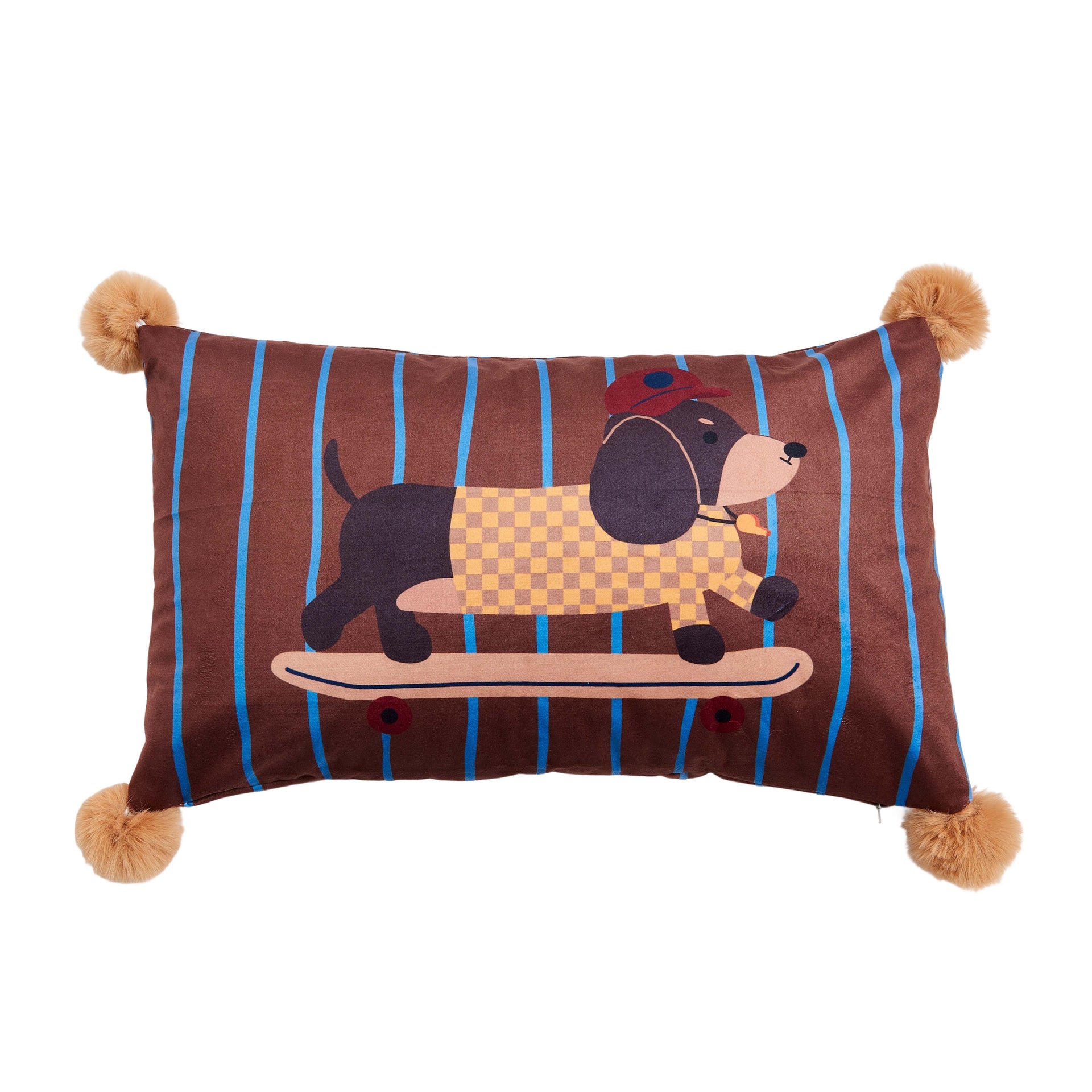 Dutch Velvet Rectangular Decorative Pillow with Fun Red Hat, Dachshund, Skateboard and  Stripes