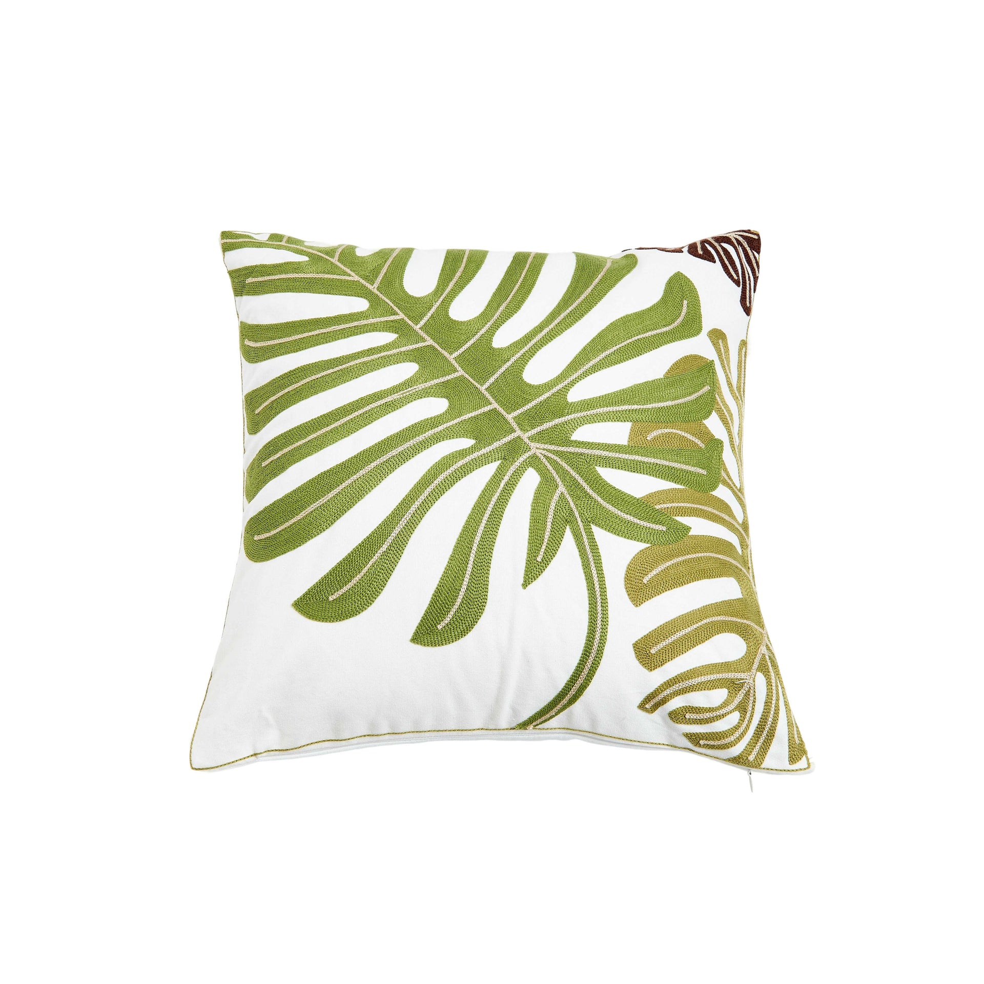 Linen square decorative pillow, one side embroidered with a botanical pattern