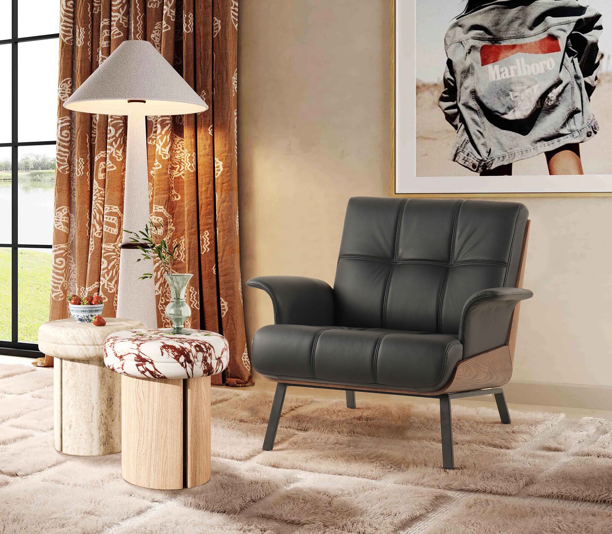 Mid-Century Modern Leather Accent Chair - With Armrest, Ideal for home casual corners
