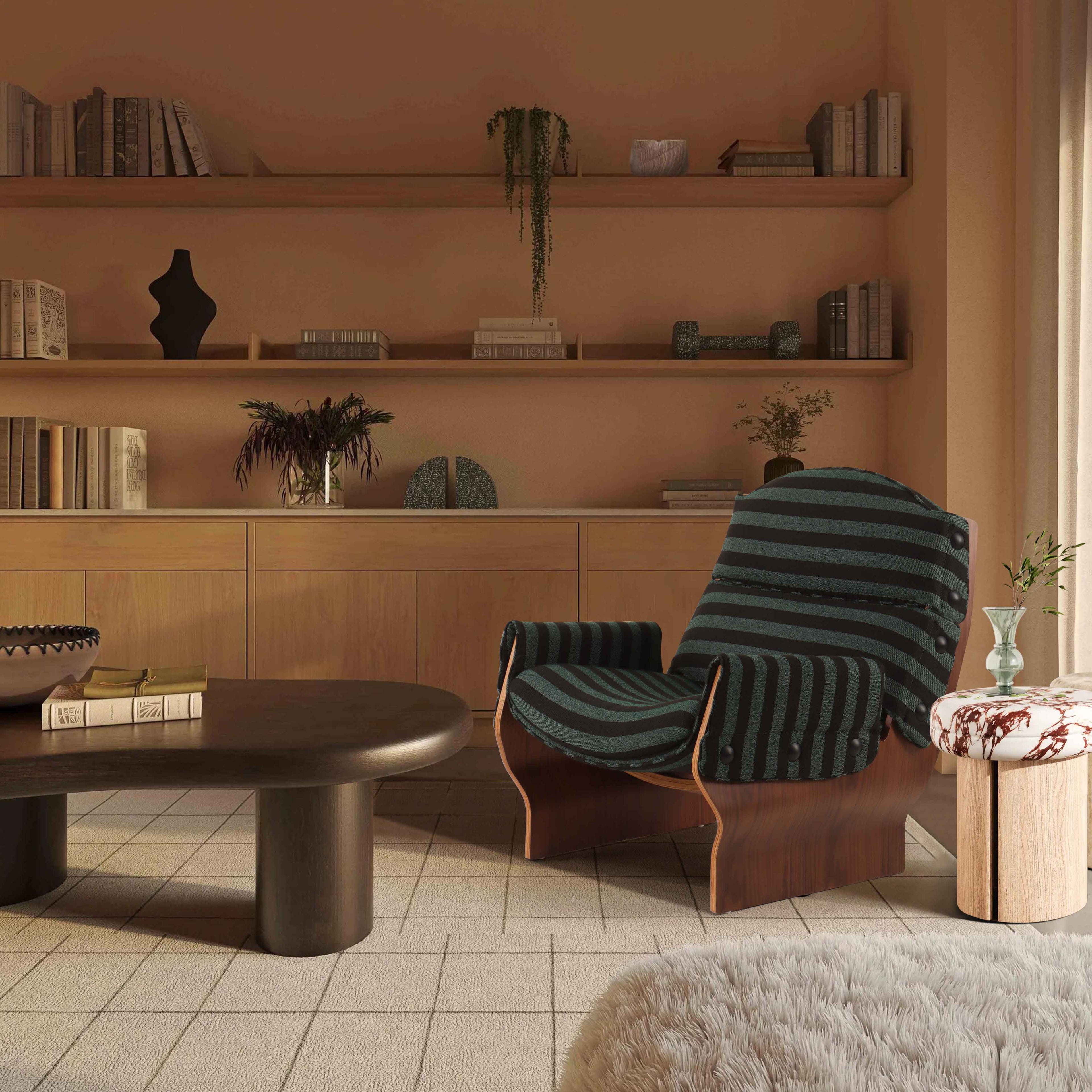 Dark Green Stripe Padded Armrest Reading Chair