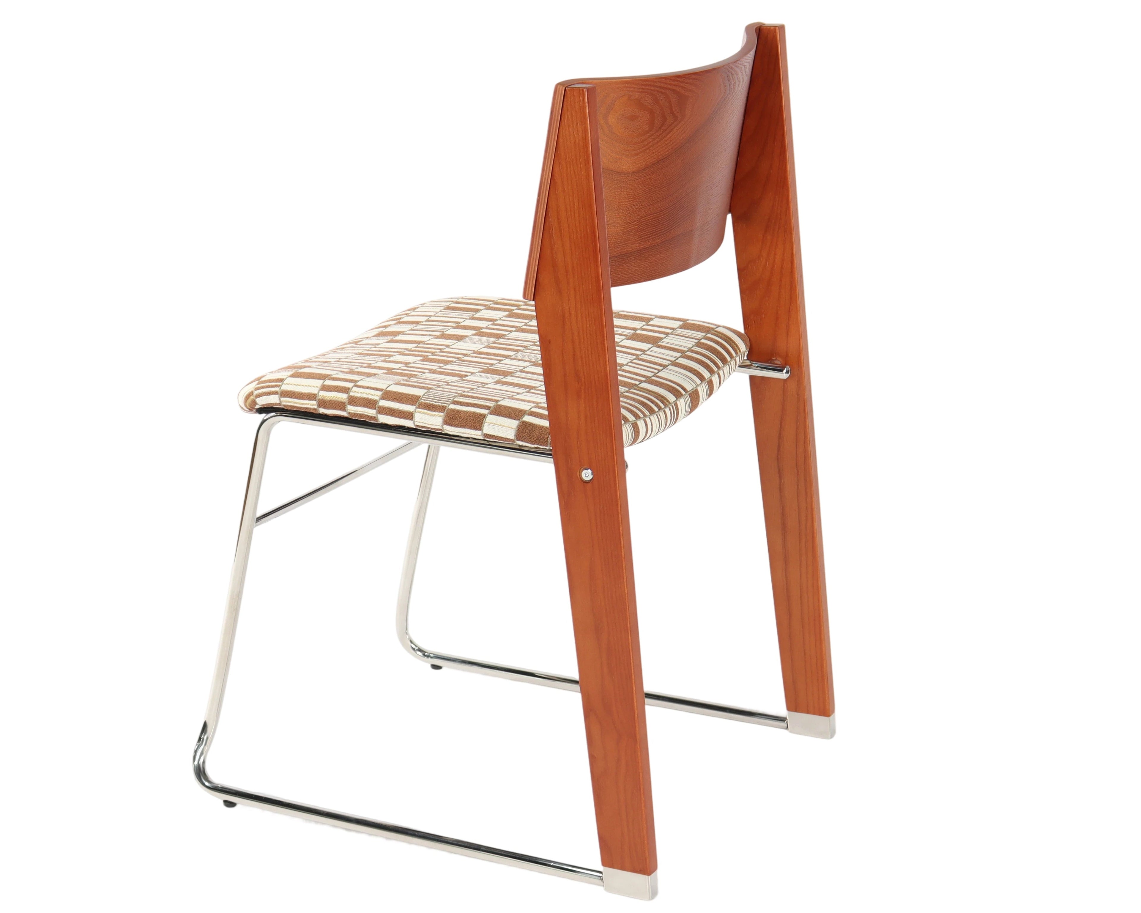 Modern Patterned Linen Chair - Front Stainless Steel Legs, Rear Ash Wood Legs