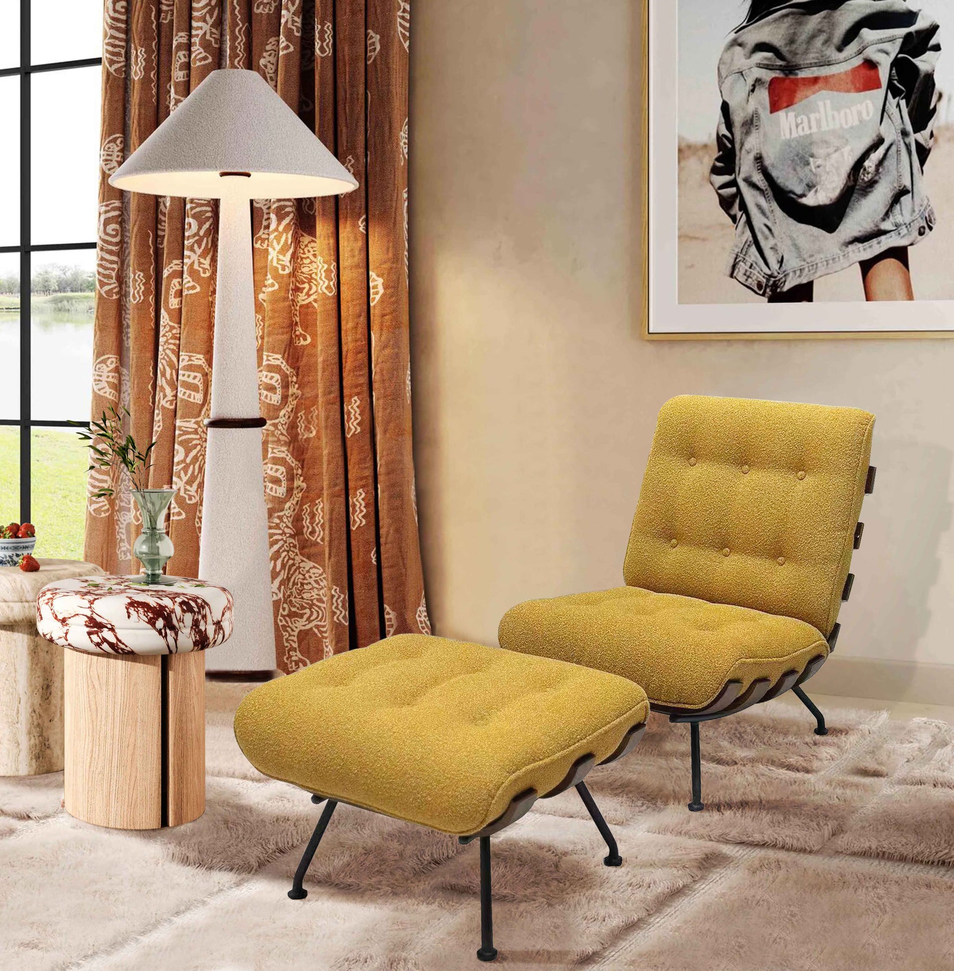 Warm Yellow Armless Chair - Detachable Padded Back, Wood Slats (With Ottoman)