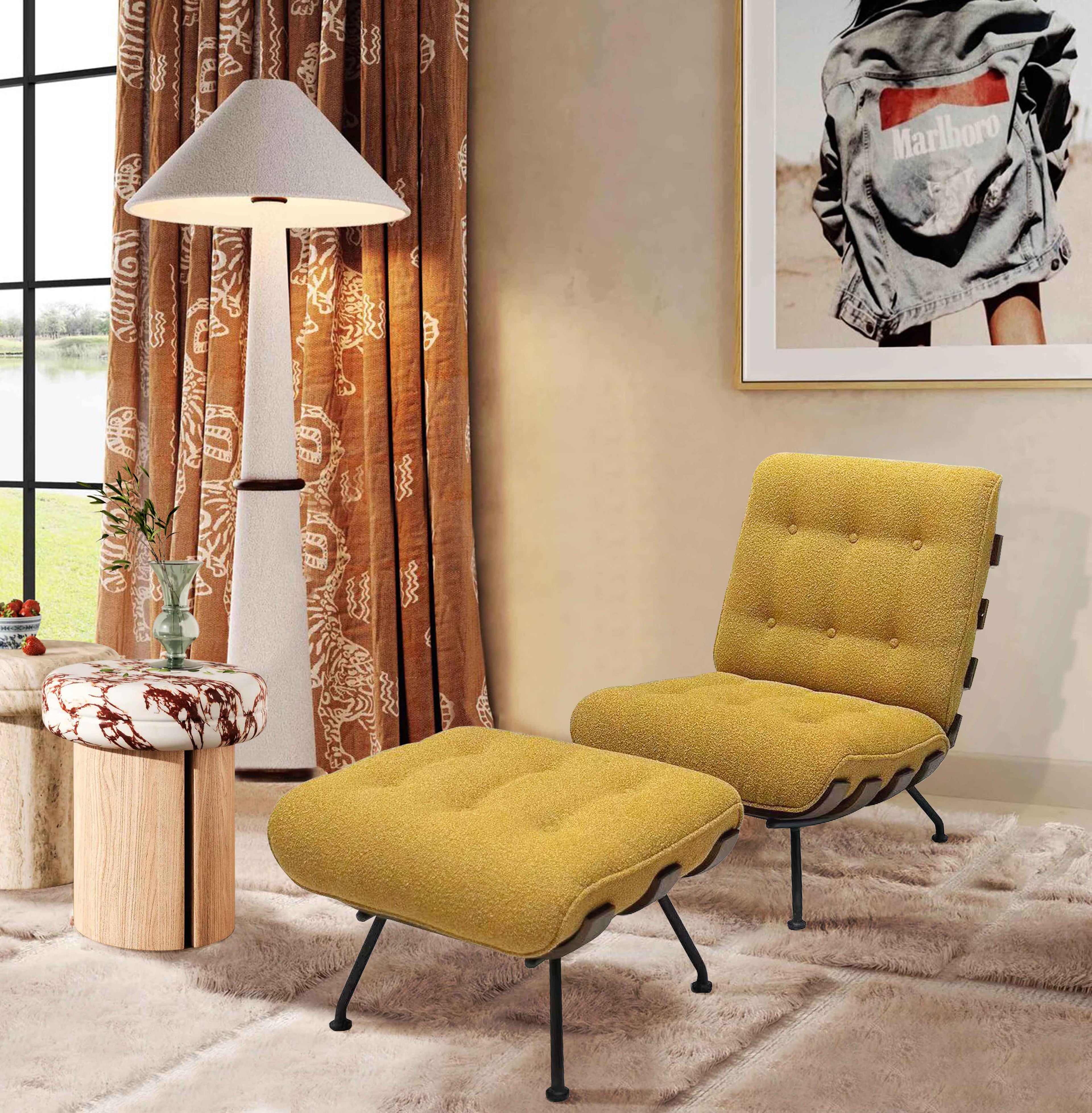 Warm Yellow Armless Chair - Detachable Padded Back, Wood Slats (With Ottoman)