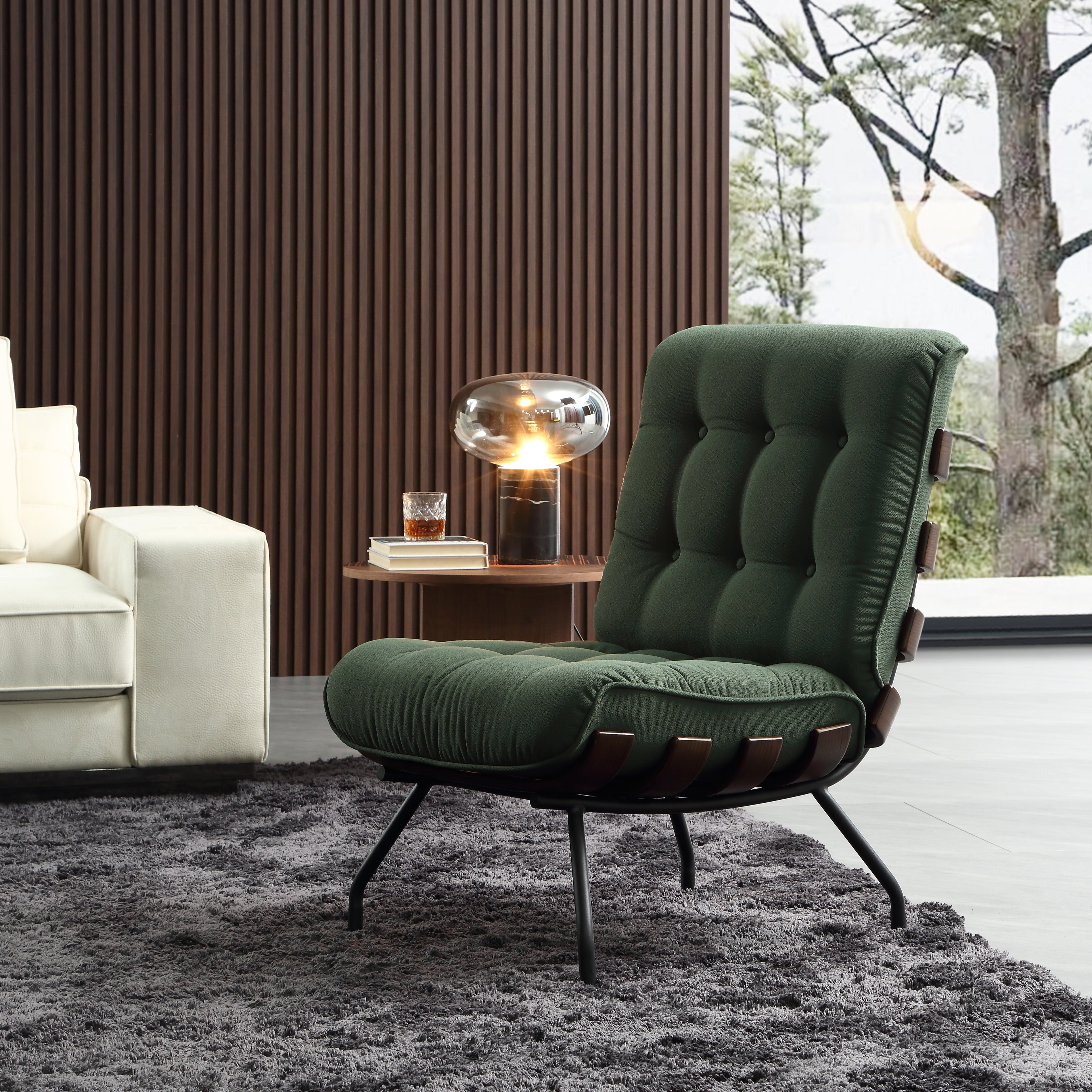 Vintage Green Armless Chair - Detachable Padded Back, Wood Slats